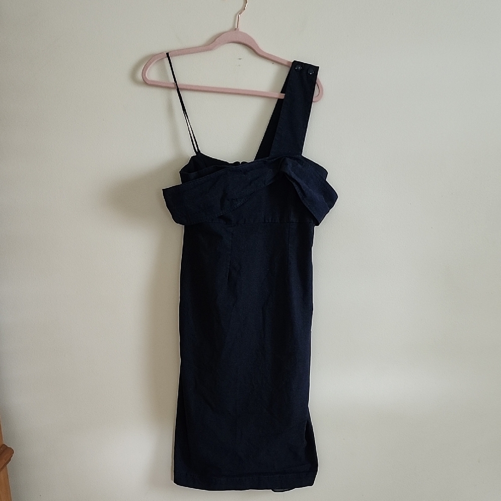 Prose & Poetry One Shoulder Midi Dress Elegant Navy With Subtle White Polka Dots